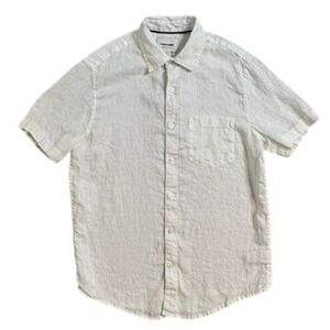 Thom Aaron Mens Small White 100% Linen Short Sleeve Button Up Shirt Pocket